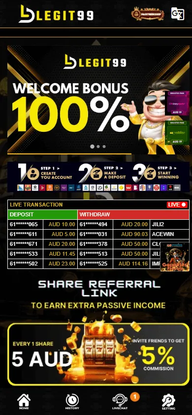 Legit99 Casino home page on a mobile browser