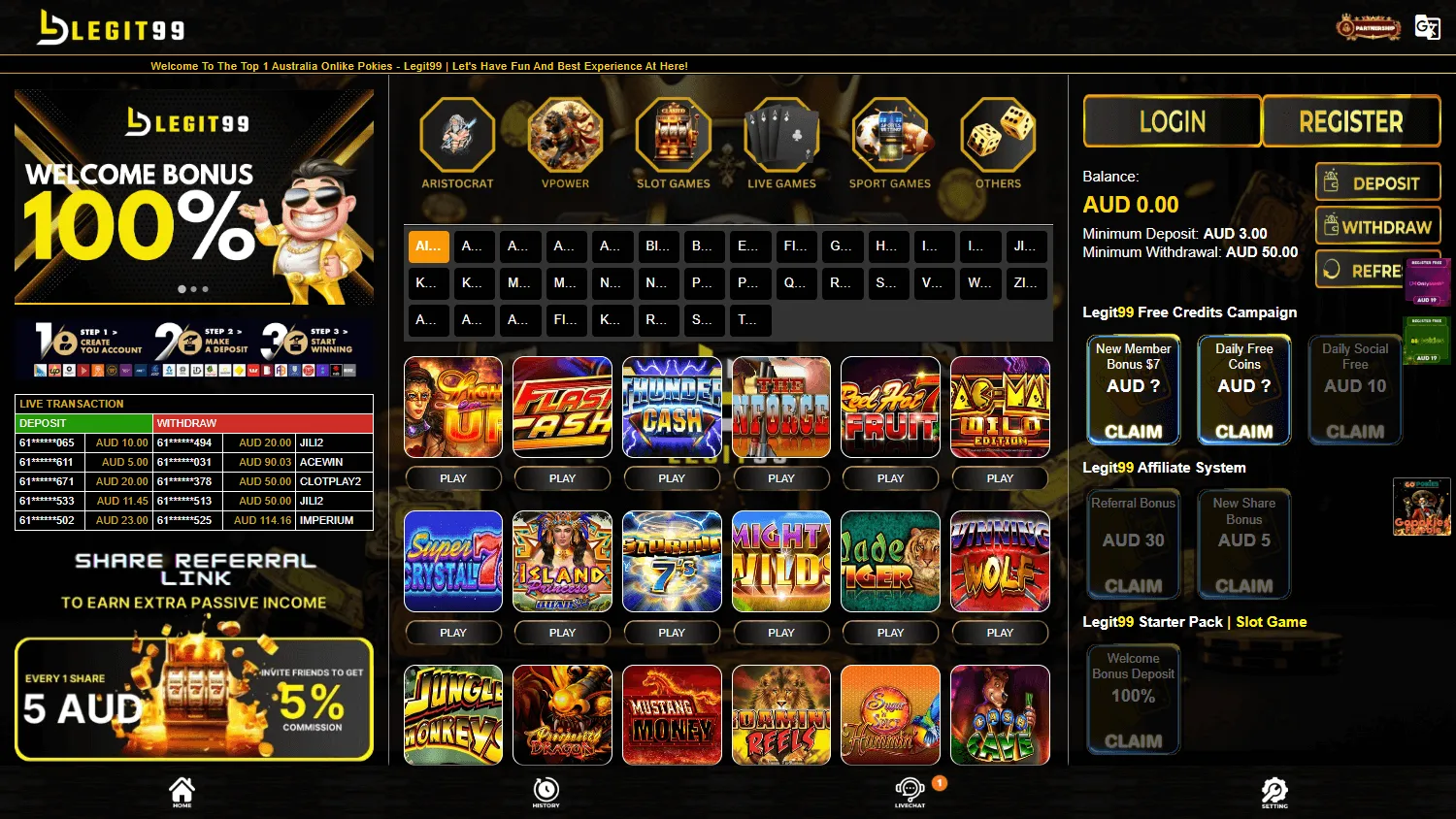 Legit99 Casino home page on desktop