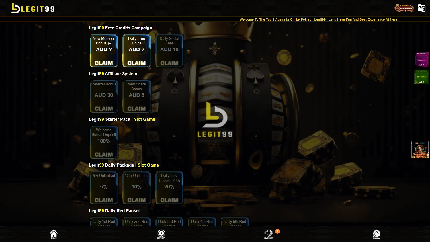 Legit99 Casino promotions page on desktop