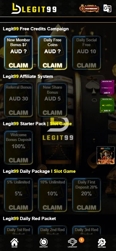 Legit99 Casino promotions page on a mobile browser
